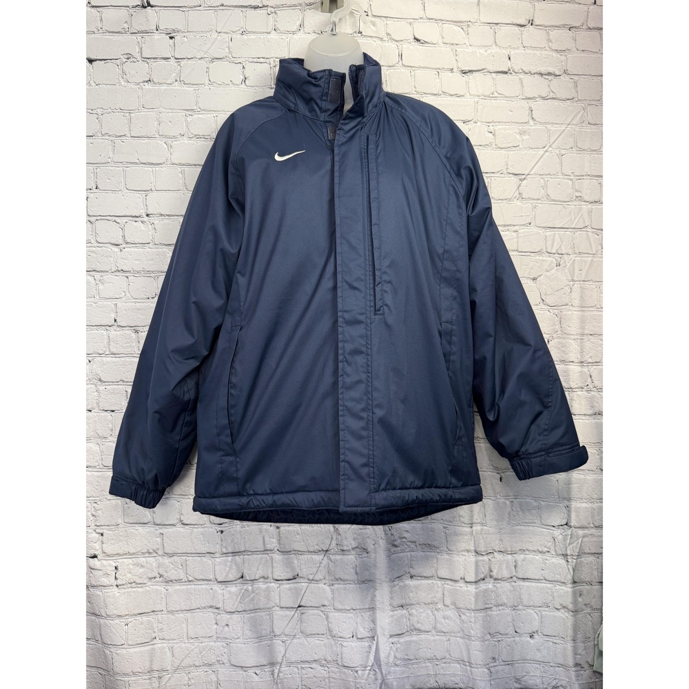Nike Womens Blue Hooded Swoosh Textured High Collar Athletic Jacket Small - Picture 2 of 10